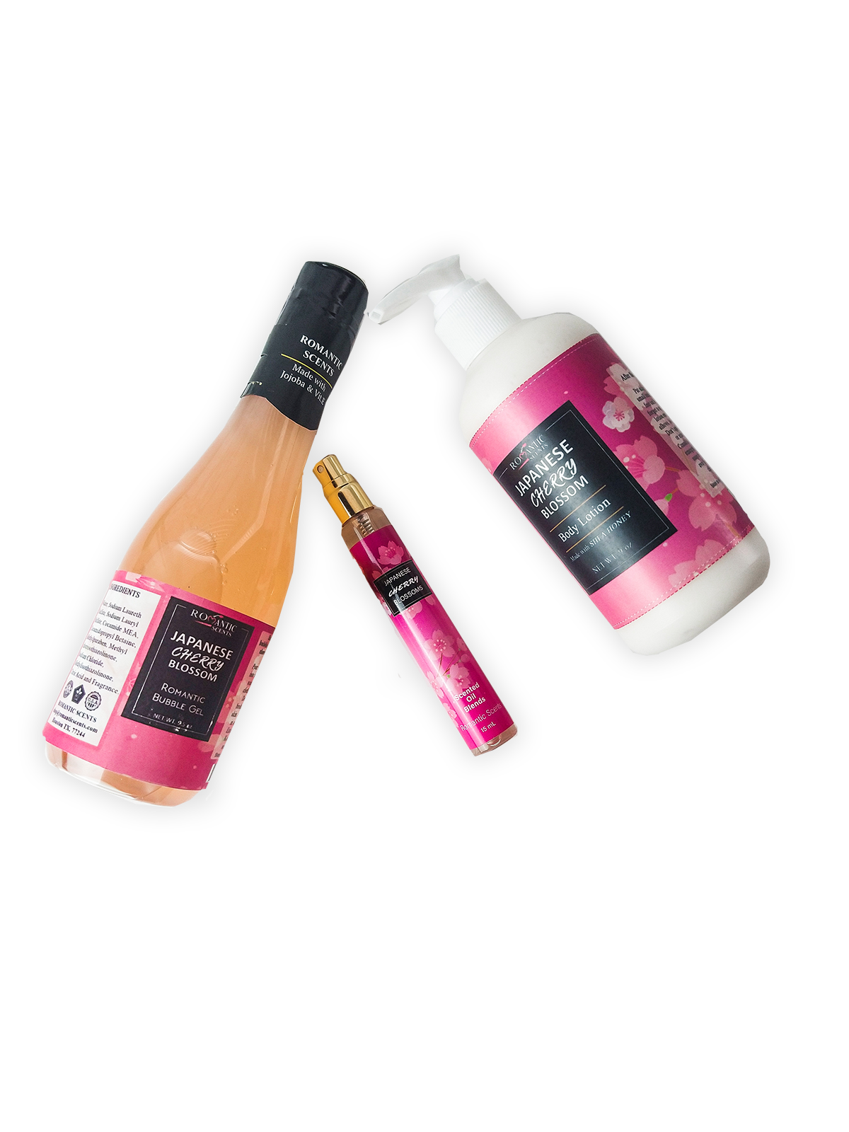 Gift Set 3 Japanese Cherry Blossom Body Oil Body Lotion Bubble Gel is our signature version of Japanese Cherry Blossom contains soft notes of cherry blossom, sensual white lily, and blushing violet petals blended with a hint of warm vanilla.