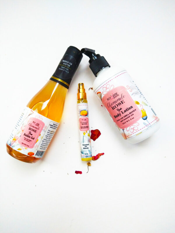Gift Set 3 Chamomile Rose Body Oil Body Lotion Yoni Bubble Gel is our signature version of Chamomile Rose essential oils